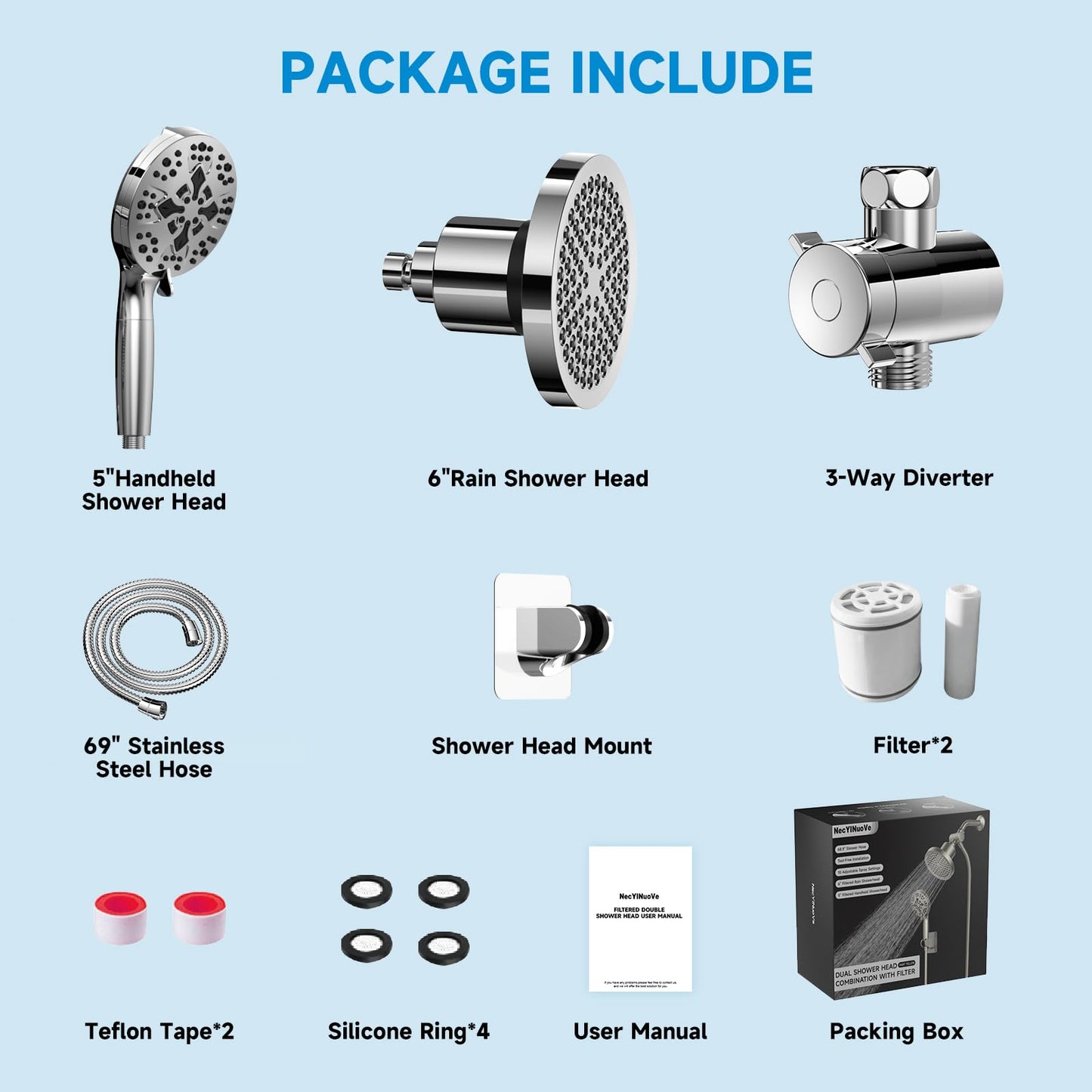 High Pressure Shower Head Combo with Handheld Spray, 6" Filtered Rain Shower Head & 5" Handheld Shower Head with Filters, 69" Stainless Steel Hose - Dual Shower Head Set for Bathroom Home