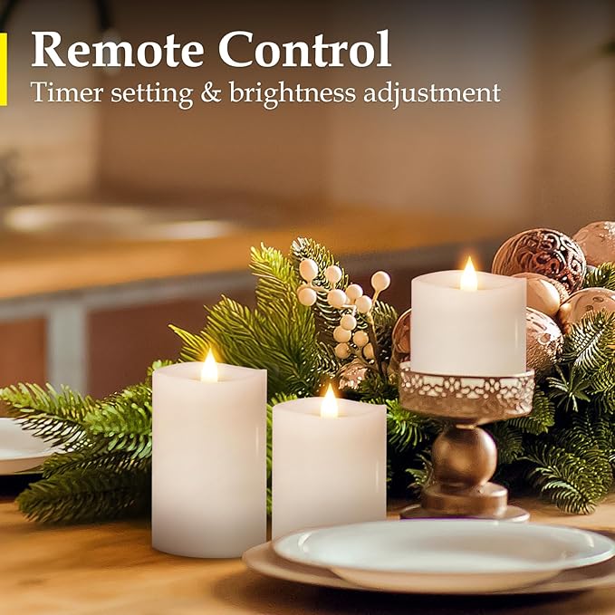White Flameless Candles Set of 3 | 3 Diameter Realistic Flickering Pillars Candles (3/4/5 Heights) - Battery Operated with Remote Timer, Indoor/Outdoor Decor for Weddings, Fall & Cozy Home