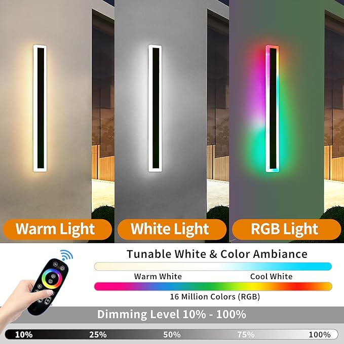 Mikeru 2pack 23.6inch Outdoor Wall Light Fixtures, RGB Modern Outdoor Wall Sconce 10%-100% Dimmable Smart Long LED Wall Light Wall Mount Featuring Multiple Modes and 12 Colors for Patio Entryway