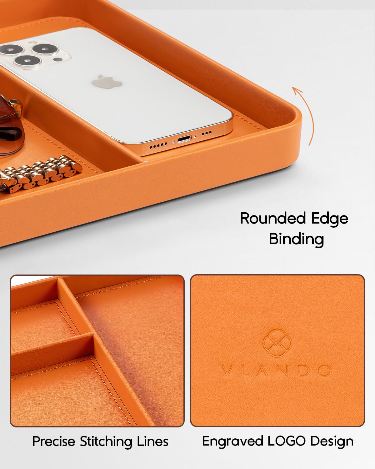 VLANDO Valet Tray Organizer, PU Leather Catchall Tray with Dividers for Keys Wallet Watch Phone Jewelry, Nightstand Dresser Desk Organizer for Sunglasses Perfume Earbuds Accessories, Orange