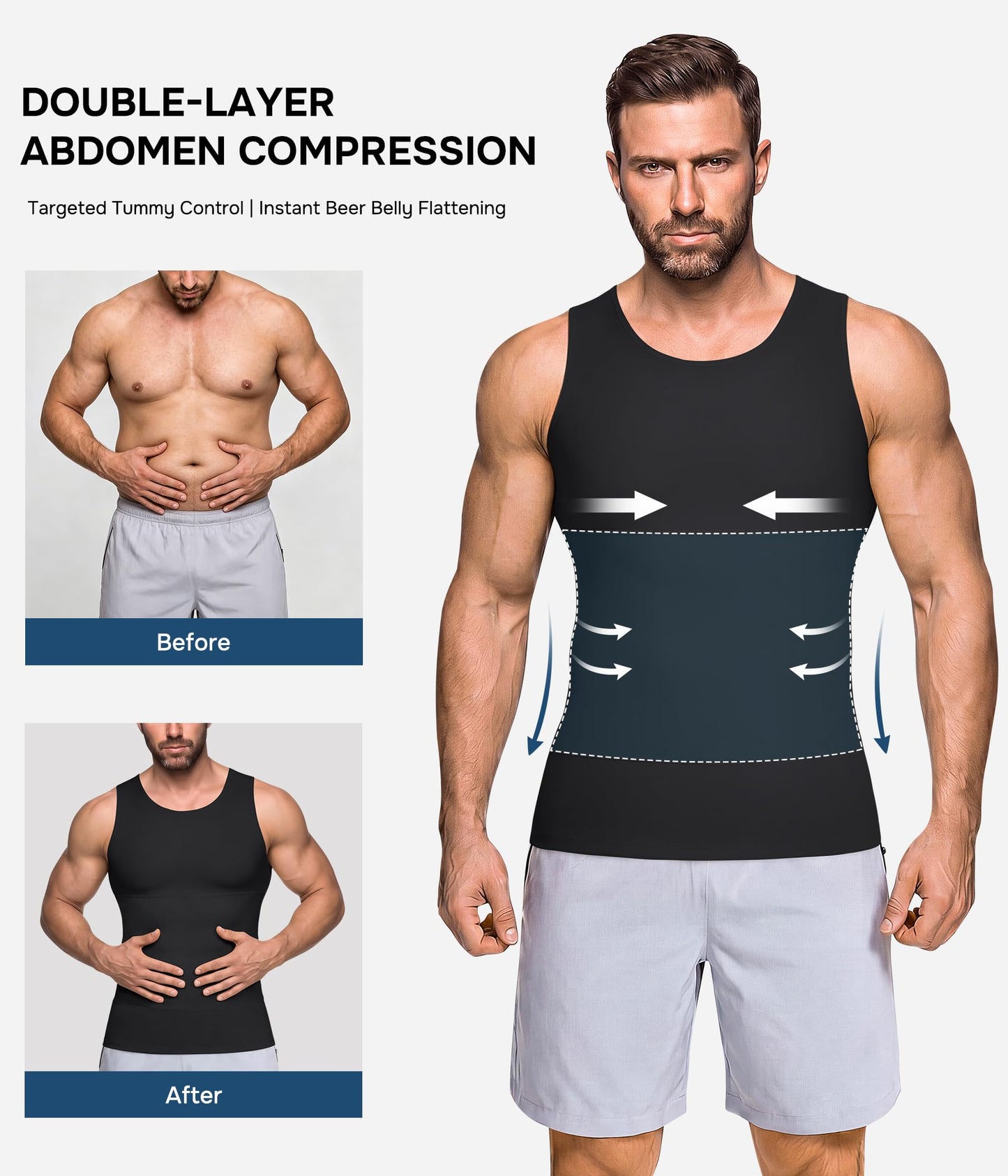 Mens Compression Shirt Slimming Body Shaper Vest Workout Tank Tops Abs Abdomen Undershirts(Black, L)