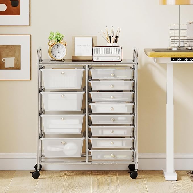 Giantex 12 Drawer Rolling Cart with Drawers, Storage Organizer Cart for Classroom Office School Teacher, Mobile Drawer Cart for Tools, Crafts, Small Printer, Clear