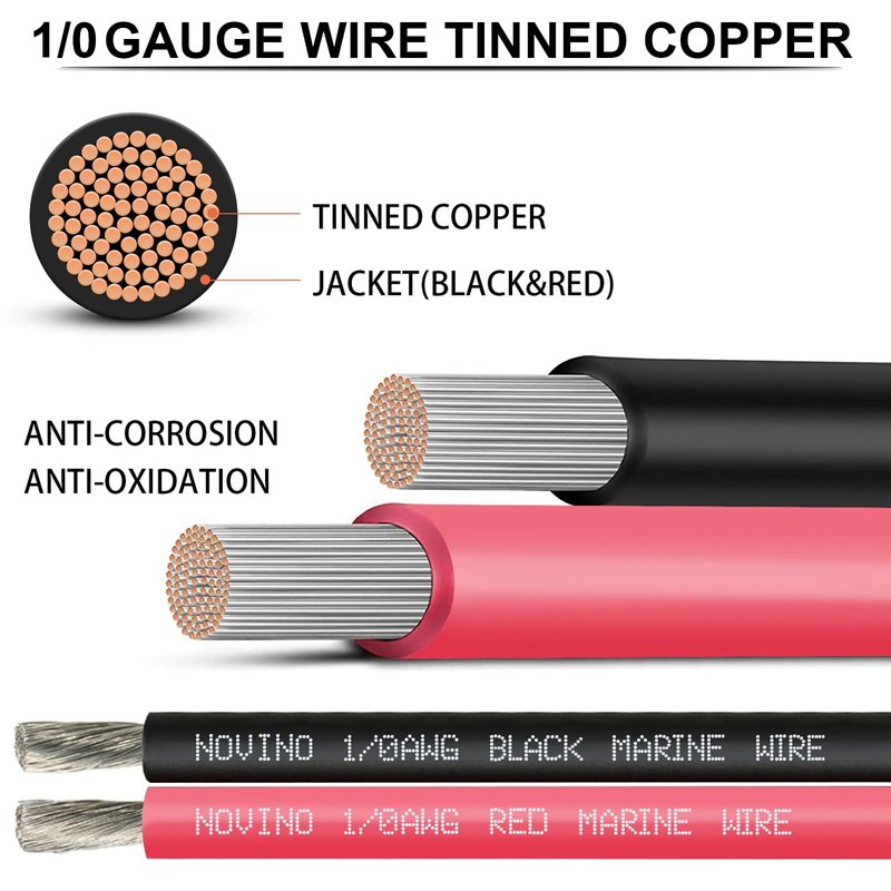 1/0 Gauge Marine Wire 1/0 AWG Marine Grade Wire Include 1/0 Gauge 5FT Red & 5FT Black,1/0 AWG Tinned Copper Oxygen-Free Boat Electrical Cable for Automotive/RV/Camper/Trailer Outdoor Use