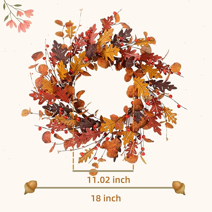 YNYLCHMX 18" Fall Wreaths for Front Door, Artificial Autumn Wreath, Fall Door Wreath with Eucalyptus Leaves and Berries for Home Porch Window Wall Farmhouse Decor, Indoor Outdoor, Holiday Decor