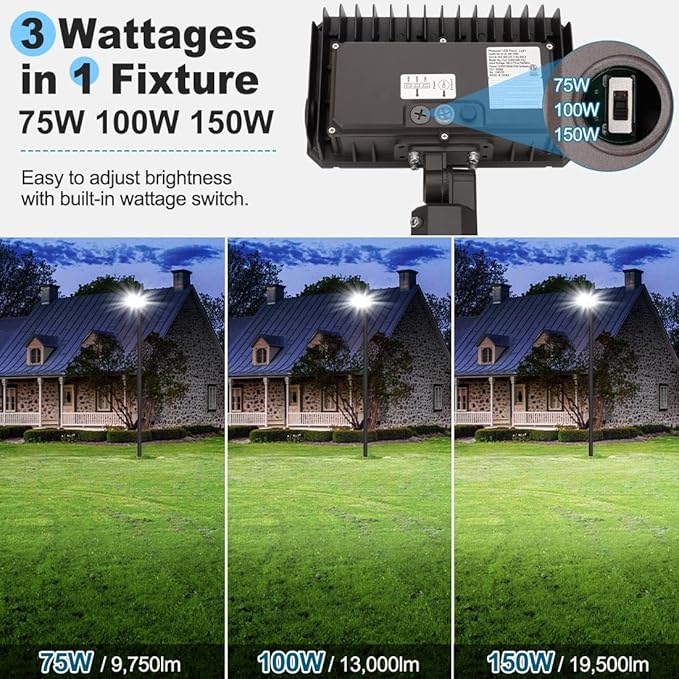 150W LED Flood Light with Dusk-to-Dawn Photocell, 130lm/W 5000K Daylight 100-277V IP65 Waterproof, 150W-100W-75W Adjustable, LED Parking Lot Light with Slip Fitter Mount, ETL