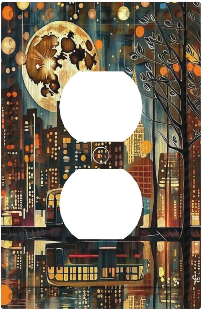 City Light Moon Bus Abstract Art Light Switch Cover 1 Gang Outlet Plate Single Duplex Wall Plate Covers Decorative Switchplate Covers Electrical Faceplate for Home Decor