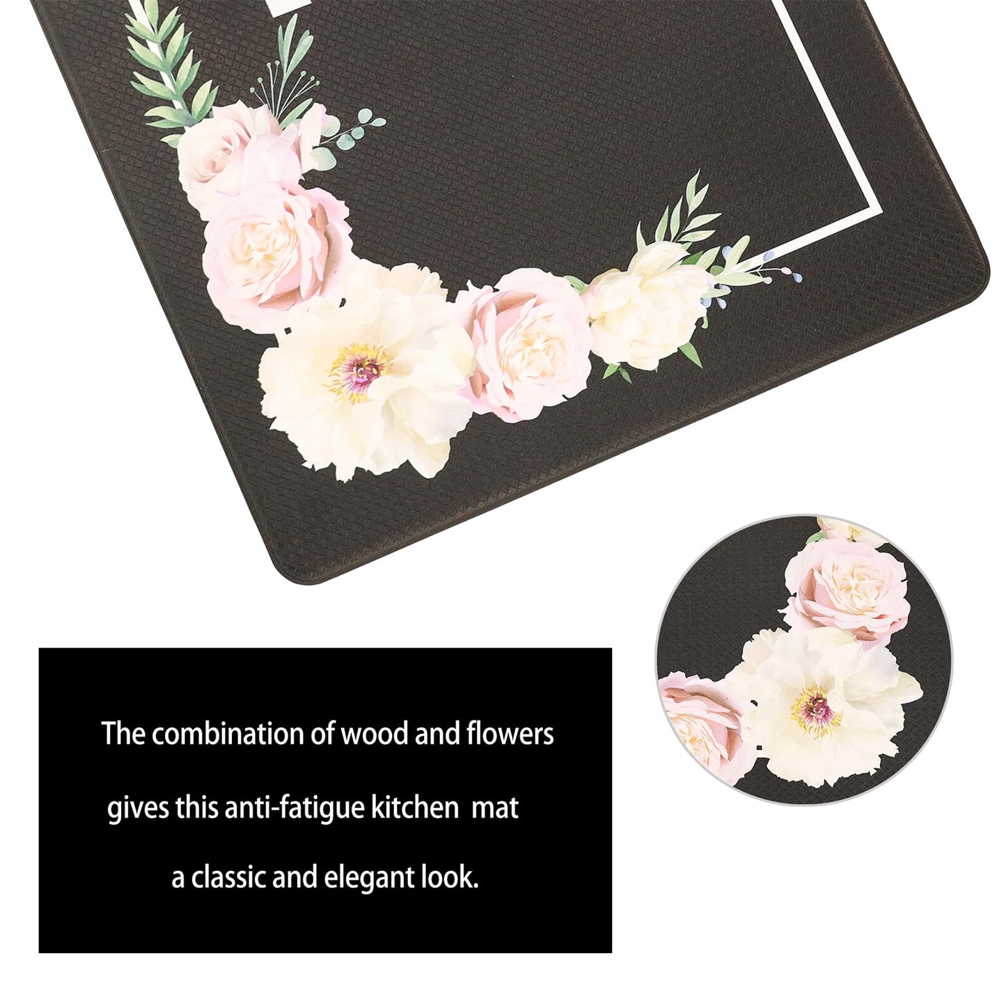 PCSWEET HOME Black Kitchen Mats for Floor 2 Piece Floral Anti Fatigue Mats for Kitchen Floor Kitchen Rugs Cushioned Anti Fatigue Waterproof for Kitchen, Laundry Room, 17.3"x30"+17.3"x47"