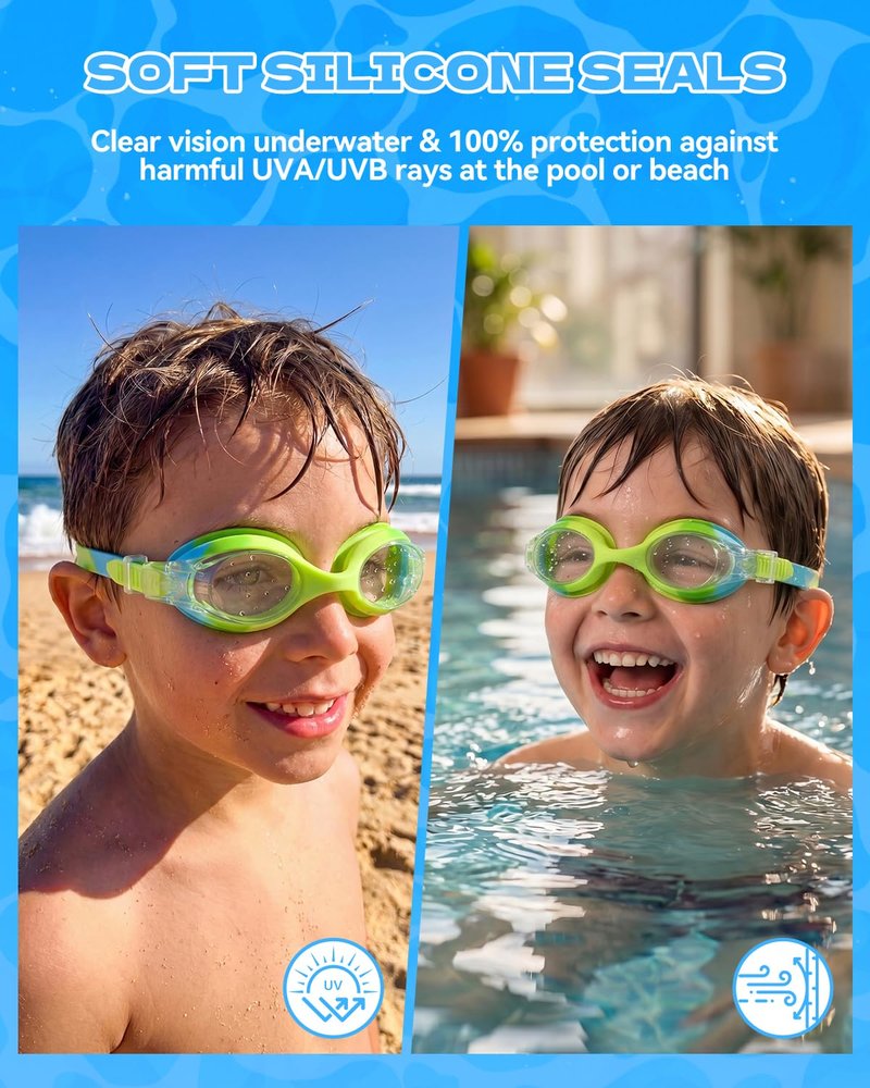 Aegend Swim Goggles for Kids Age 3-8 Anti-Fog Clear Vision Full Protection Goggles Perfect for Toddler Swimming (Green-1 Pack)
