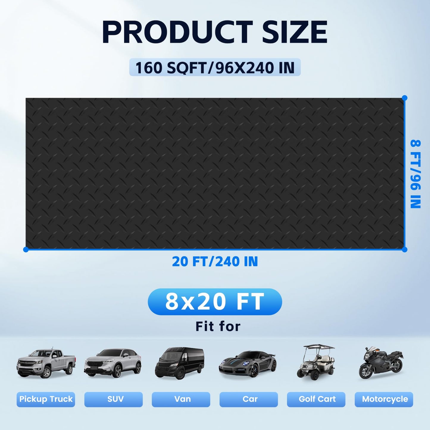 StellarStar 8x20 FT Garage Floor Mat, 2.8mm Thickened PVC Flooring Roll for Under Car, 160 SQFT Diamond Plate Black Garage Mats for Garage, Warehouse, Basement, Factory, Trailer (Include Tapes)