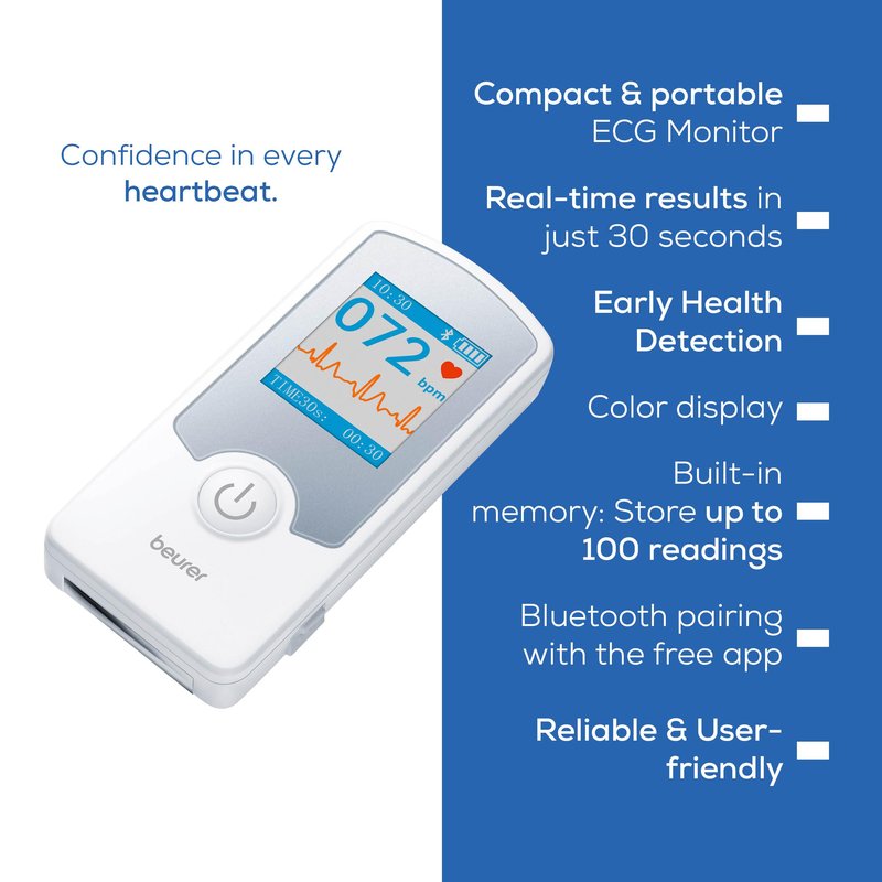 Beurer Cardio Companion EKG Monitor - 3-Lead Portable ECG Machine, Detects Irregular Heart Rhythms, Fast Results in 30 Seconds, Bluetooth with App, Rechargeable Battery, FSA/HSA Eligible, ME75