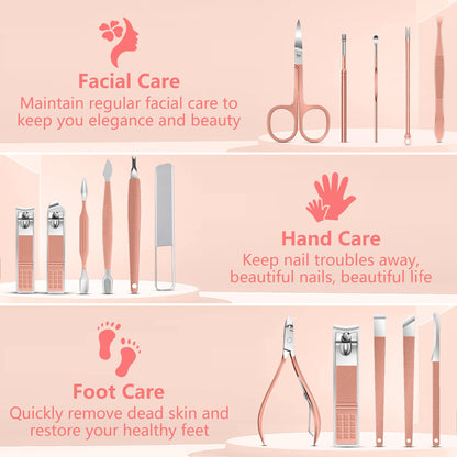 Manicure Set 16Pcs Professional Stainless Steel Pedicure Kit Mens Grooming Kit Fingernail & Toenail Clippers Set Manicure Kit with Luxurious Travel Bag, Sharp Nail Scissors and Clipper (Purple)