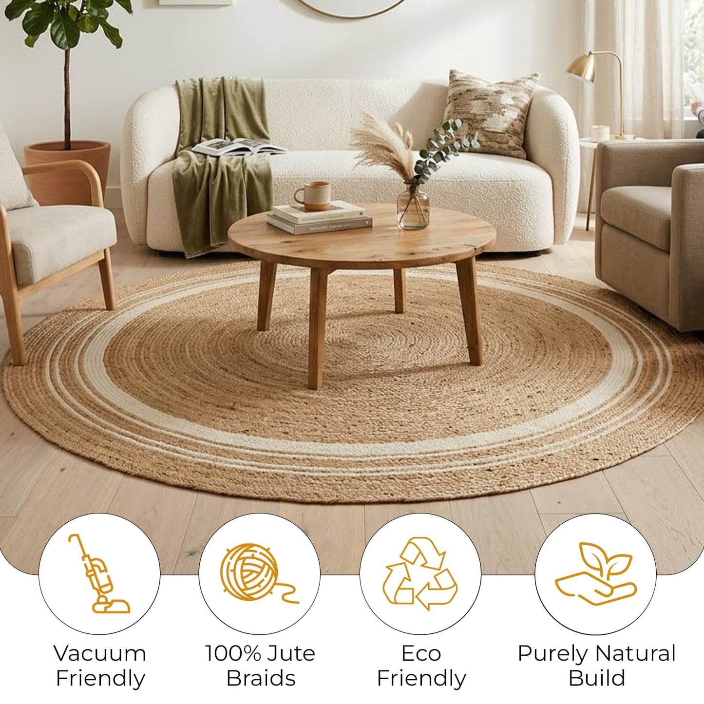 GRUHUM Handwoven 3ft Jute Area Rug- Natural Fiber Cotton Round Boho Farmhouse Rustic Vintage Soft Braided Reversible Eco-Friendly Rugs-Indoor Kitchen Bedroom Living Room Hallways (3' ft Round)