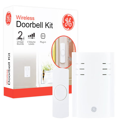 GE Wireless Doorbell Kit, Plug-In Receiver, 1 Push Buttons Door Bell, 2 Melodies Doorbell Chime, 4 Volume Levels, Classroom Doorbell, 150 Ft Range, White, 19298