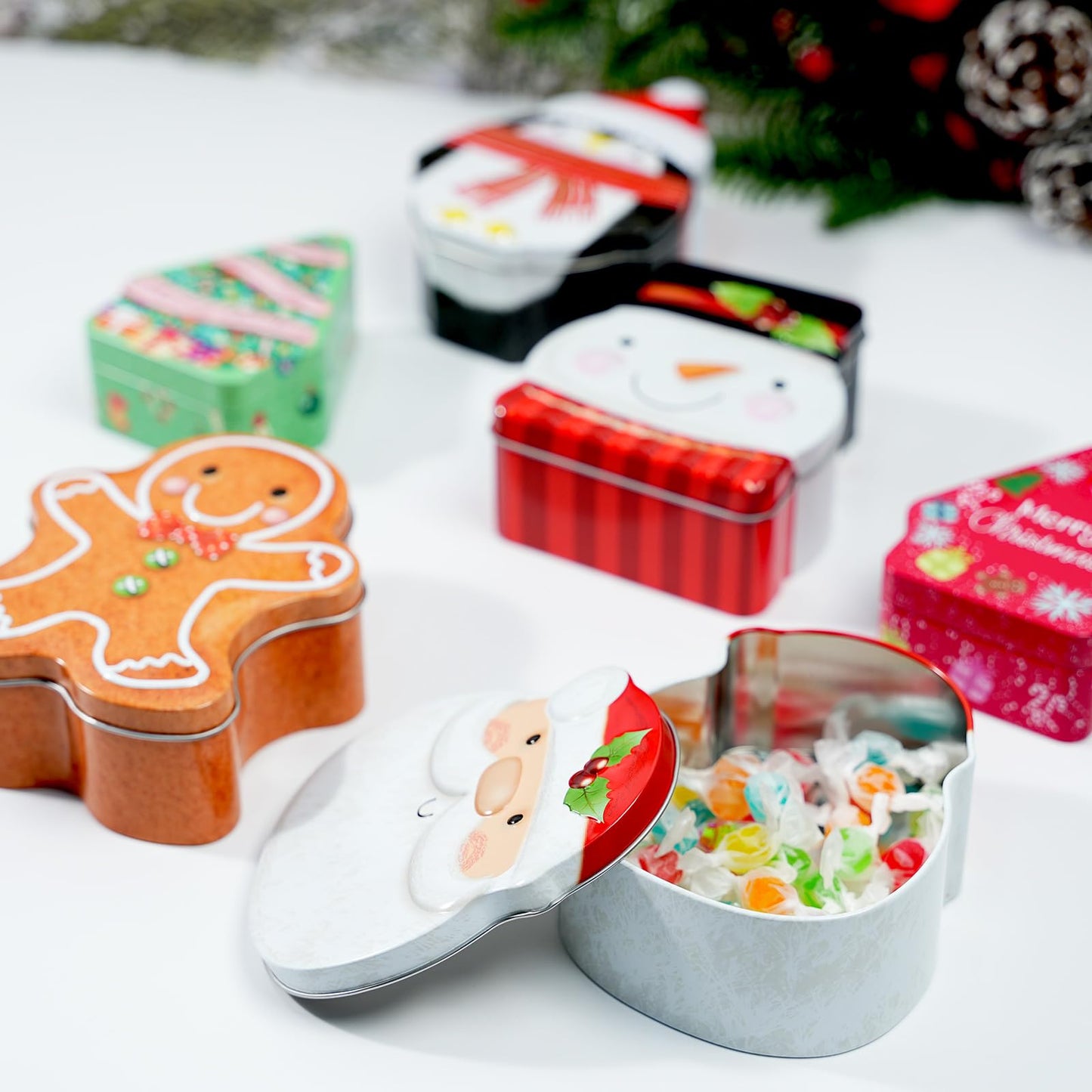 Tioncy 6 Pcs Christmas Cookie Tins with Lids Christmas Containers Santa Snowman Gingerbread Penguin Christmas Tree Metal Cookie Jar Xmas Cookie Boxes for Storing Candy Chocolate Biscuits Holiday Gifts