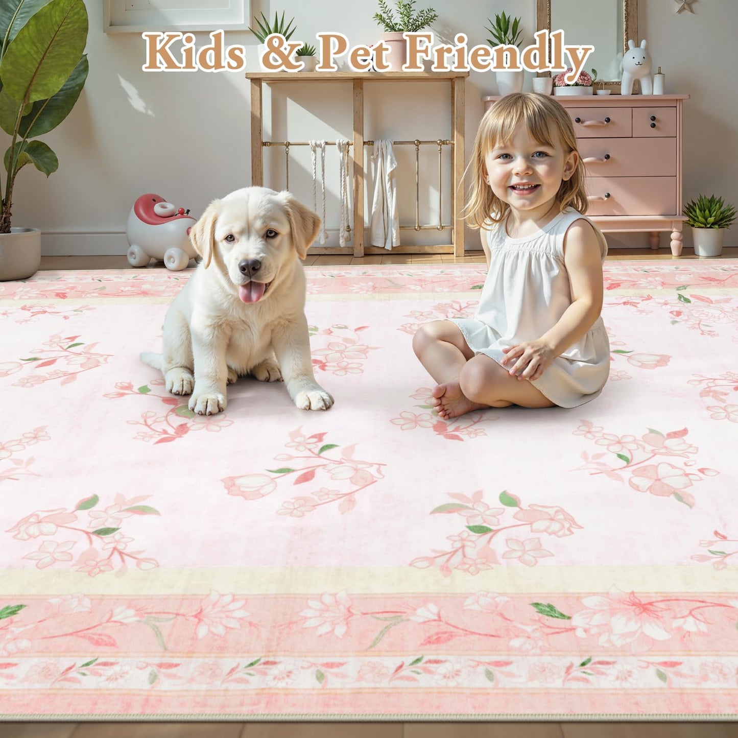 LIVEBOX Floral Pink Washable Entryway Rug, 2x3 Boho Bathroom Rugs Non Slip Soft Bedroom Accent Rug, Ultra Thin Flower Small Throw Rugs for Entryway Indoor Door Mat for Kitchen Bedside, Pink