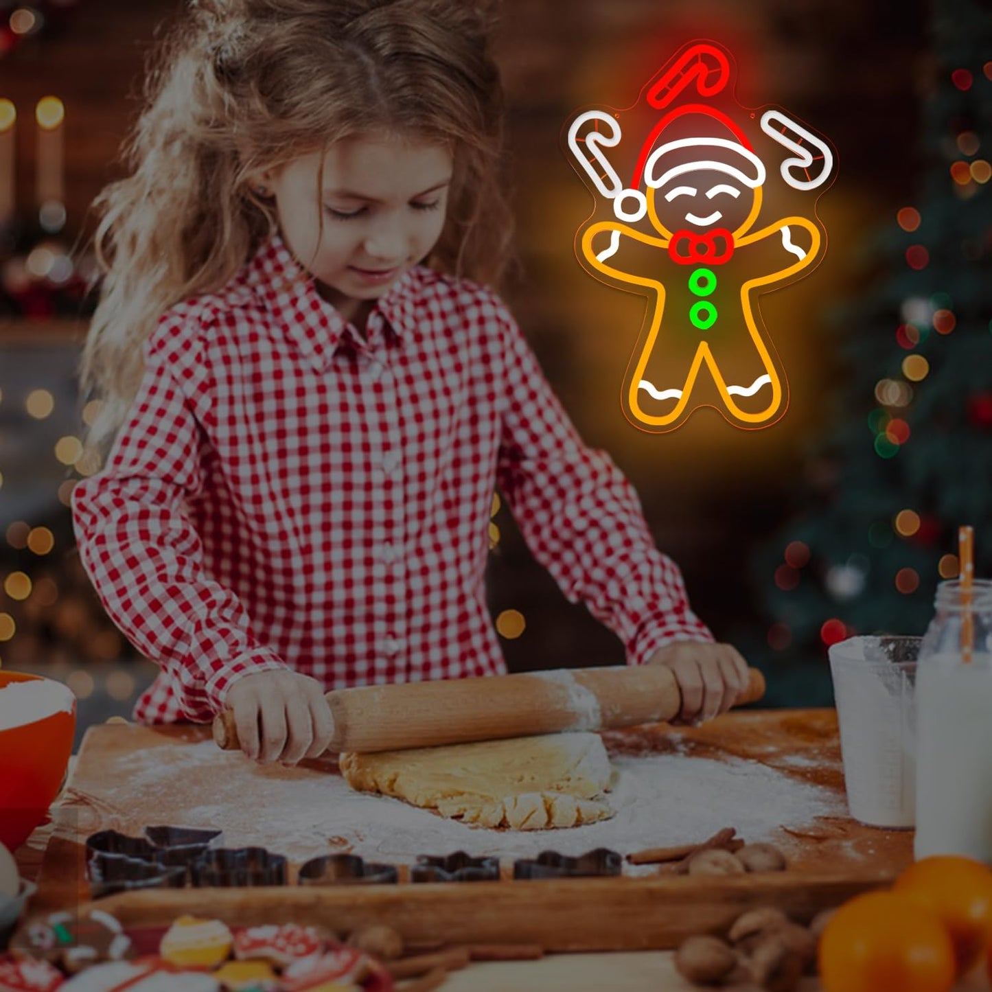Christmas Neon Sign Gingerbread Man Throwing Candy Cane Neon Light Dimmable Led Gingerbread Wall Decorations Fun Christmas Waving Light Up Sign for Gifts