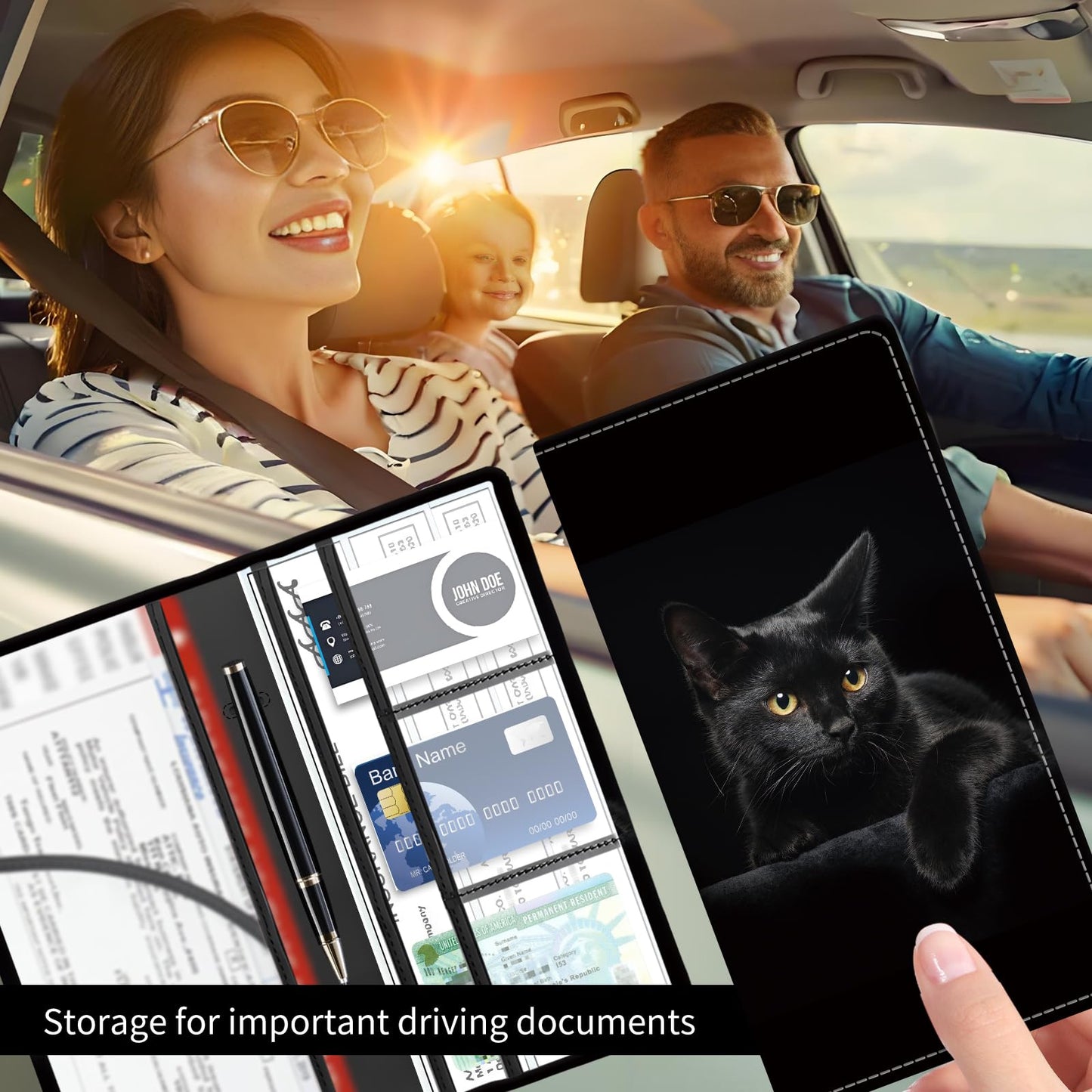 BAUCIWLD Premium Car Registration and Insurance Card Holder, Cute PU Leather Car Document Holder, Vehicle Glove Box Car Organizer with Magnetic Closure for Driver License, Cards Black Cats