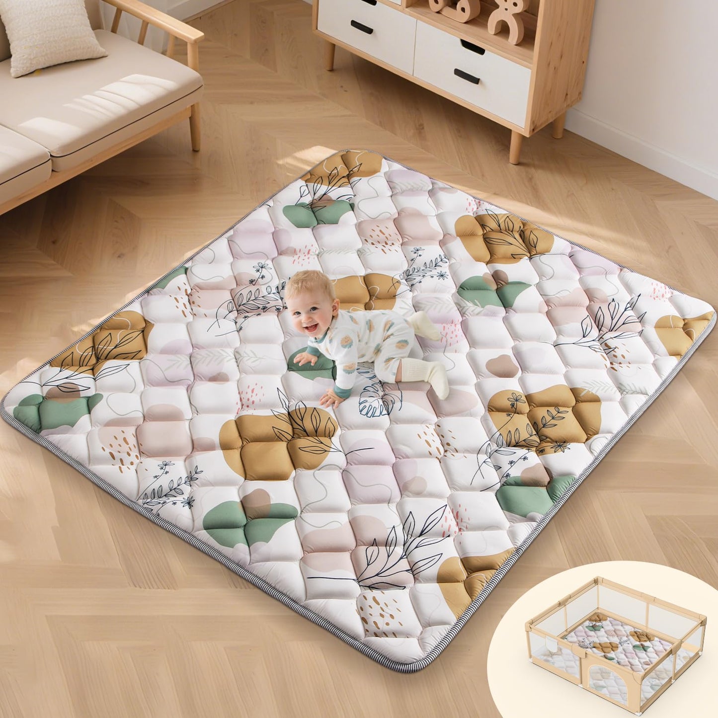 Dessports Boho Baby Play Mat - 65x50 Foldable Machine Washable Thick Sponge Padded Floor Mat - Non Slip Tummy Time Playpen Rug for Indoor Outdoor Room Decor