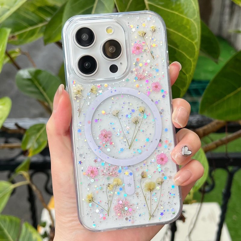 ASONCE Cute Real Flowers for iPhone 16 Pro Max Case [Compatible with MagSafe] Glitter Magnetic Cover with Pressed Dried Floral Women Girly Phone Case for iPhone 16 Pro Max 6.9" - Clear Sparkly