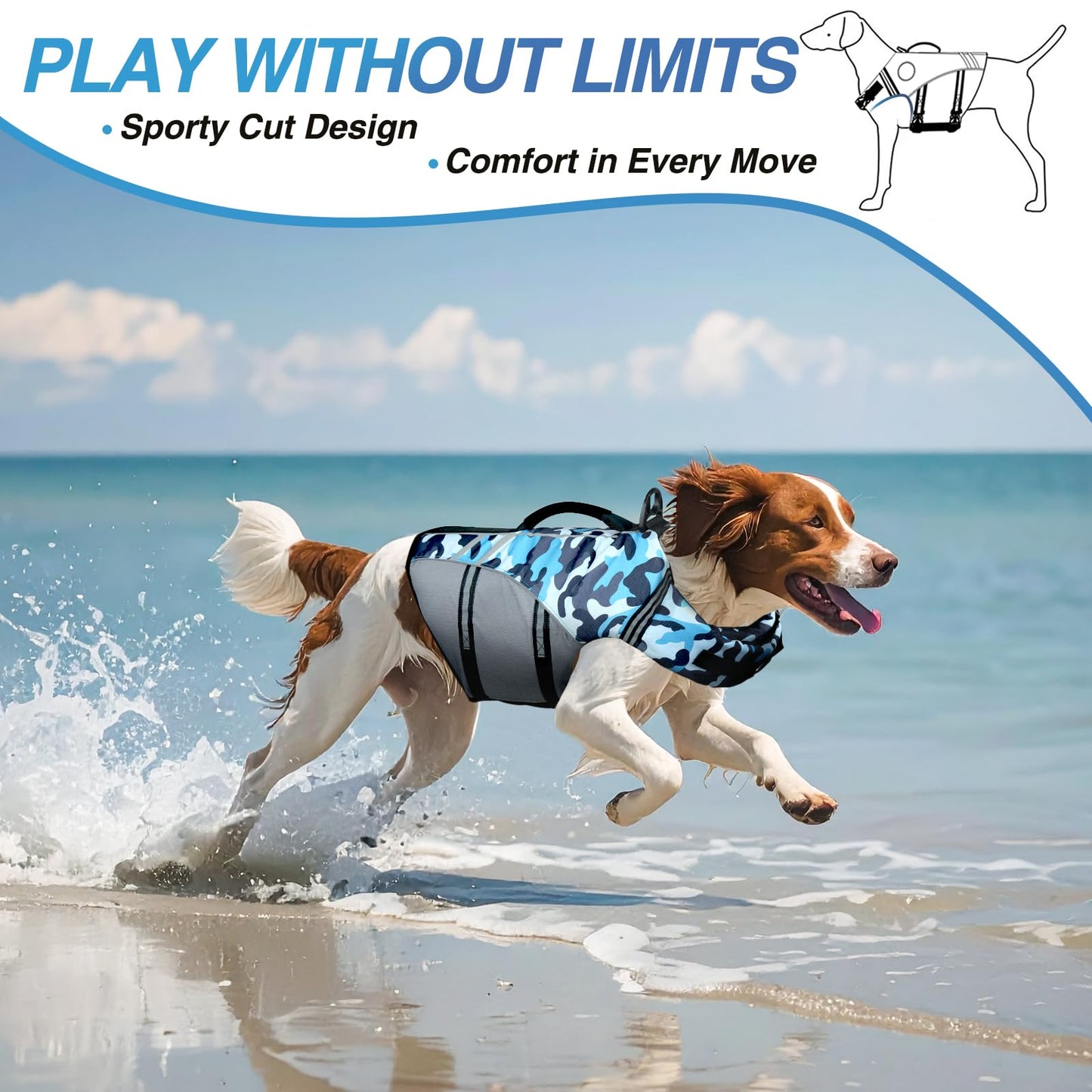 VIVAGLORY Dog Life Vest Sports Style Dog Swim Vest, L, Camo Blue