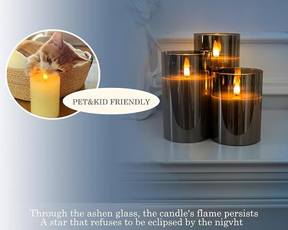 Glass Flameless Pillar Candles Flickering with Remote Timer, Battery Operated LED 3D Moving Flame Real Wax Candles,Remote Included (Gray)