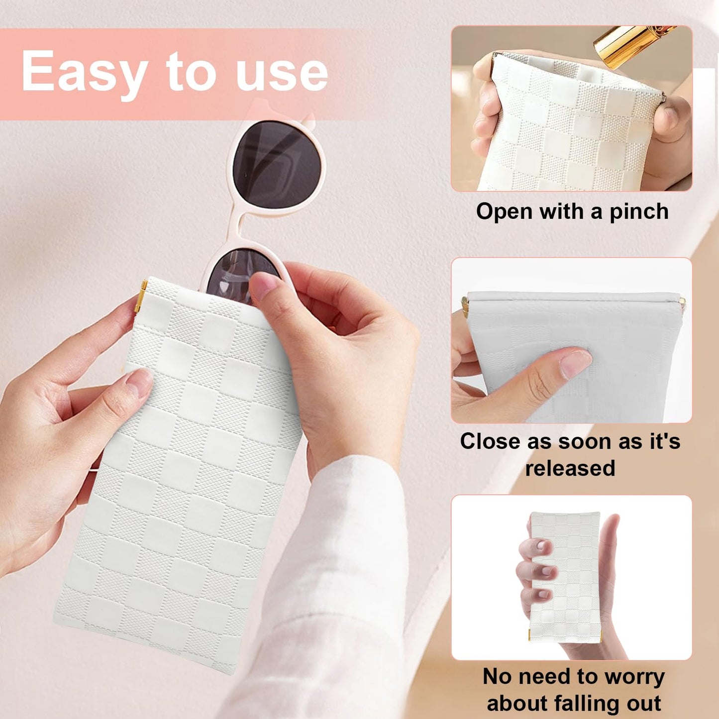4PCS Small Makeup Bag for Purse, Mini Leather Pocket Cosmetic Bag for Women, Waterproof Portable Makeup Pouch No Zipper Coin Purse Lipstick Bag Accessories, Checkered Travel Storage Bag(White, Black)