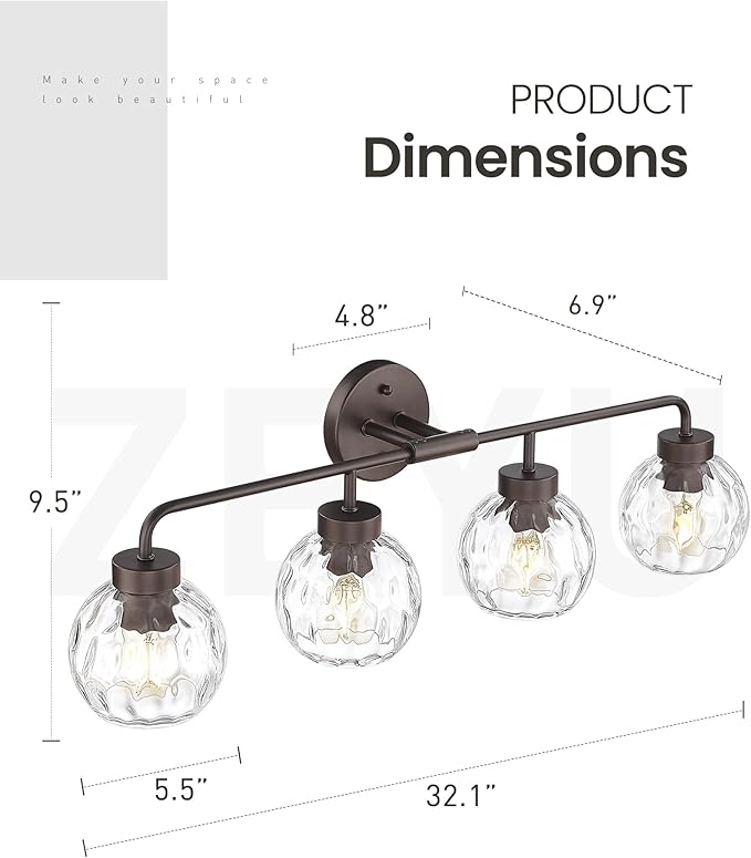 zeyu 4-Light Bathroom Vanity Light, 32 Inch Vintage Vanity Lighting Fixtures, Bathroom Lighting Fixtures with Water Ripple Globe Glass, ZS62BG-4W ORB-WG