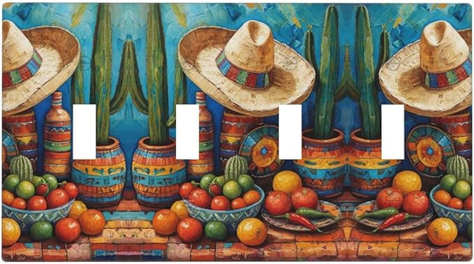 Decorative Art Light Switch Covers Mexican Sombrero & Serape Vibes Quad Toggle 4 Gang Wall Plate Switch plate Electrical Faceplate for Home Decor