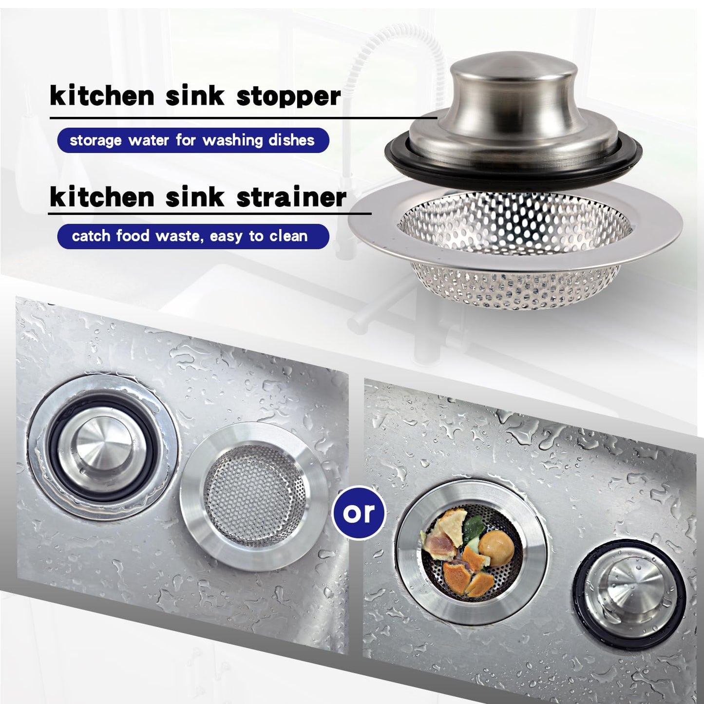 RQYEKDO Polished Kitchen Sink Strainers Sink Stopper Kits, Stainless Steel Sink Drain Strainer Set,Large Wide Rim 4.4" Diameter Food Catcher Garbage Disposal Plug for Most Sink Drains Basket Filter