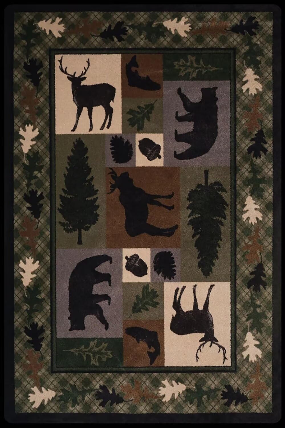 Qmkmyy Vintage Lodge Cabin Area Rug 4'x6' Hunting Bear Deer Print Rugs Rustic Wildlife Farmhouse Rug Country Style Leaf Carpet Low Pile Rectangular Mat,Black
