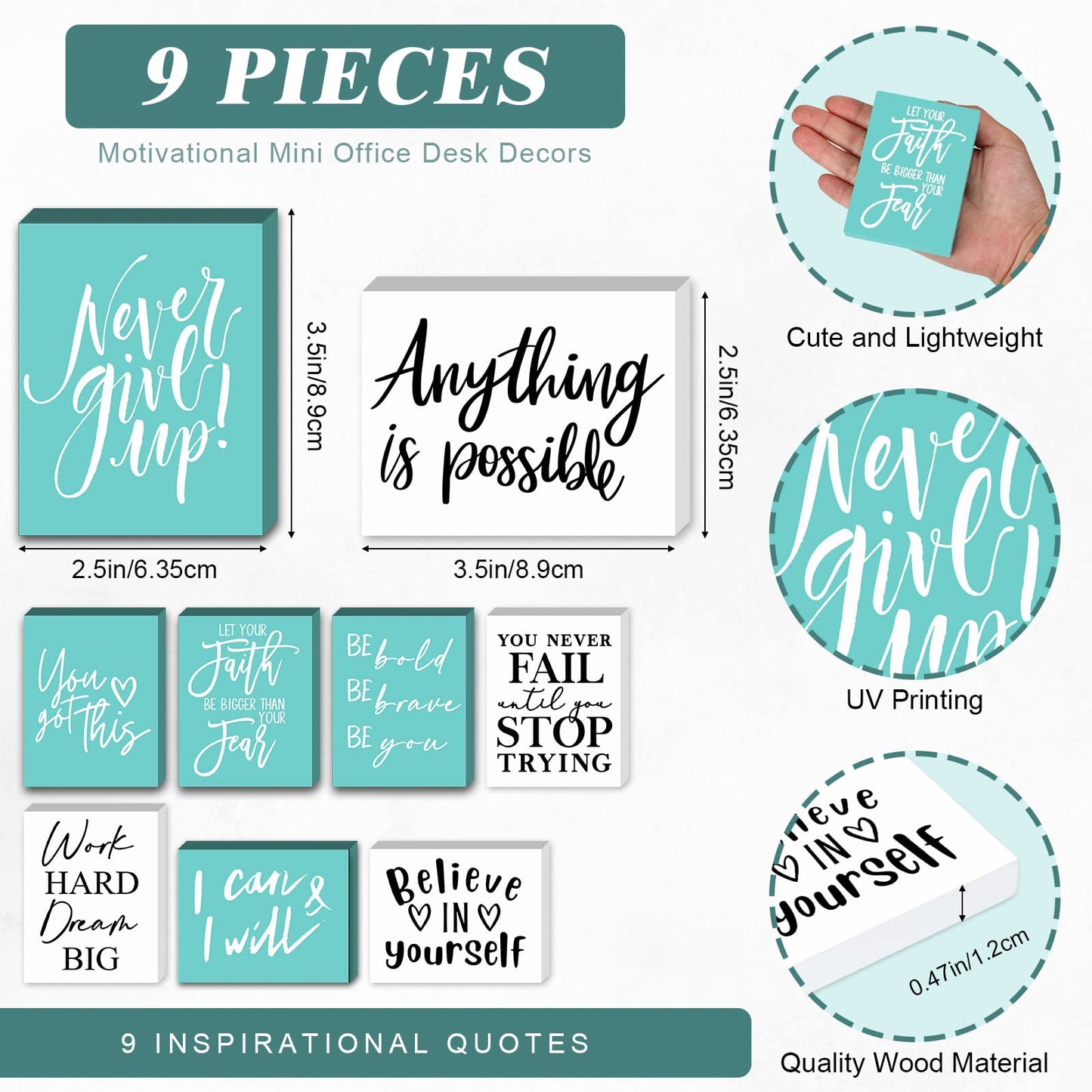 Yulejo 9 Pieces Mini Inspirational Desk Decor Motivational Quotes Wooden Signs Positive Office Desk Decor Bathroom Shelf Decoration Cheer up Gifts for Women Office, 3.5 x 2.5 Inch (White, Green)