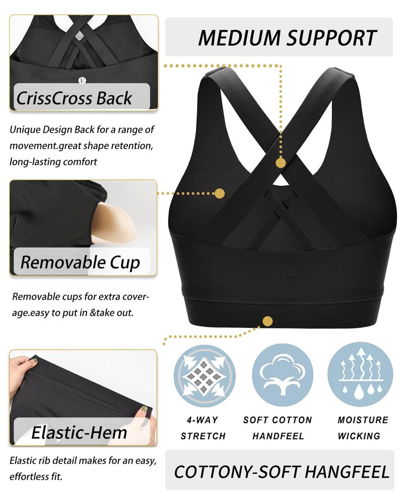 RUNNING GIRL Sports Bra for Women, Criss-Cross Back Padded Strappy Sports Bras Medium Support Yoga Bra with Removable Cups (2353D-Black,M)