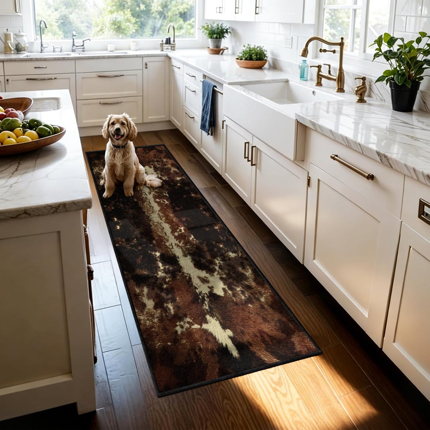 Bycmuoz Cowhide Runner Rug, 2x6ft, Western Faux Animal Hide Entryway Rug for Hallway Entryway, Non Slip Rustic Farmhouse Kitchen Runner, Washable Absorbent Carpet Brown