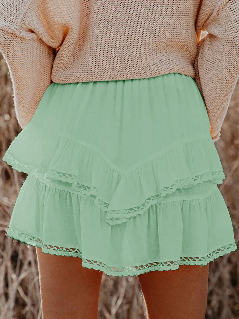 Aoudery Flowy Shorts for Women Casual Boho Ruffle Tiered Skorts High Waist Mini Skirts Golf Tennis Butterfly Crochet Shorts - Light Green XXL