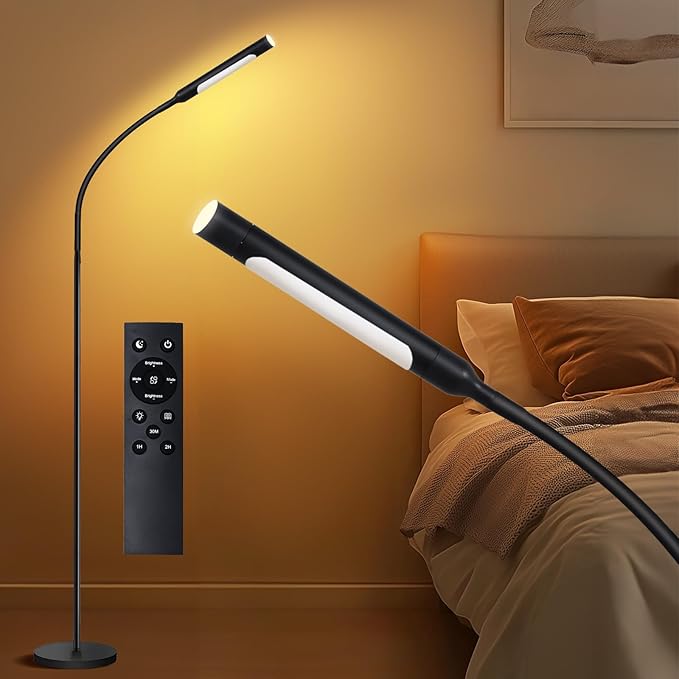 Floor Lamp with Remote, 67" Gooseneck Dimmable Standing Lamp, 3 Color Temperatures & 5 Brightness Levels, Modern Reading LED Light for Bedroom, Living Room, Office - Black