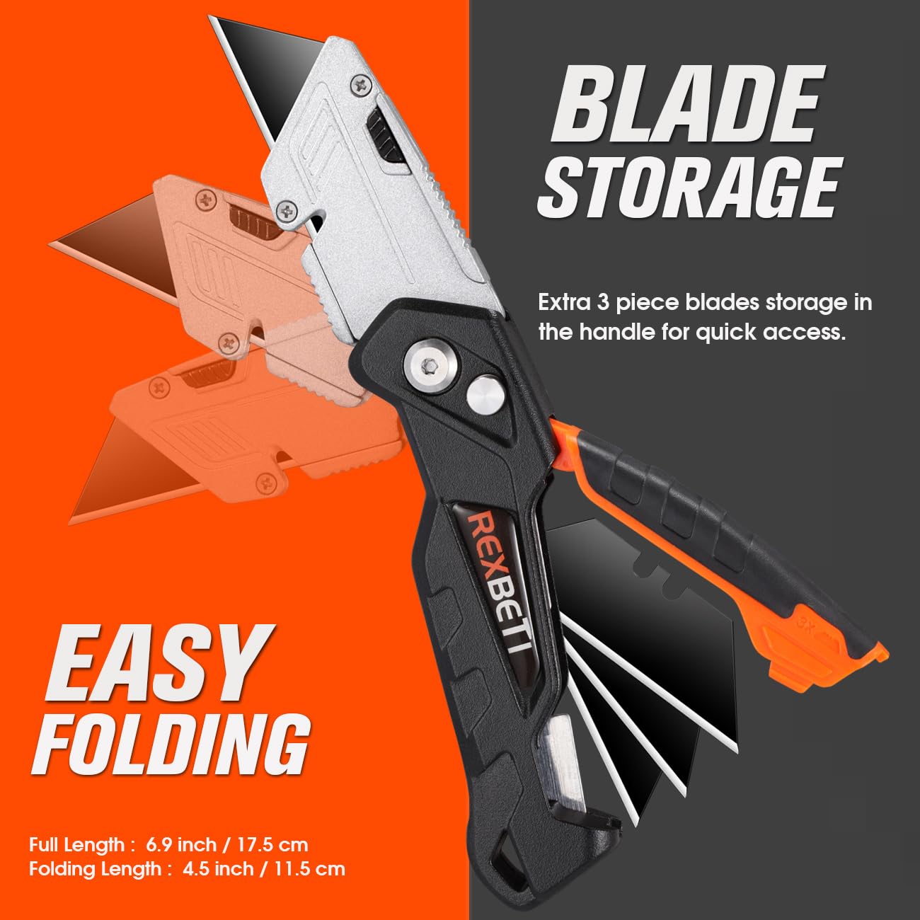REXBETI 2-Pack Utility Knife, SK5 Heavy Duty Retractable Box Cutter for Cartons, Cardboard and Boxes, Blade Storage Design, Extra 10 Blades Included（Total 18 Blades）