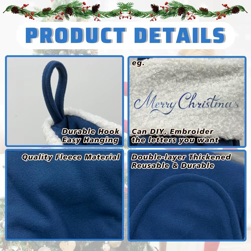 LinaGarten Traditional Christmas Stockings for Family Holiday Decorations and Xmas Tree Fireplace (6, Navy Blue-Grain-Large)