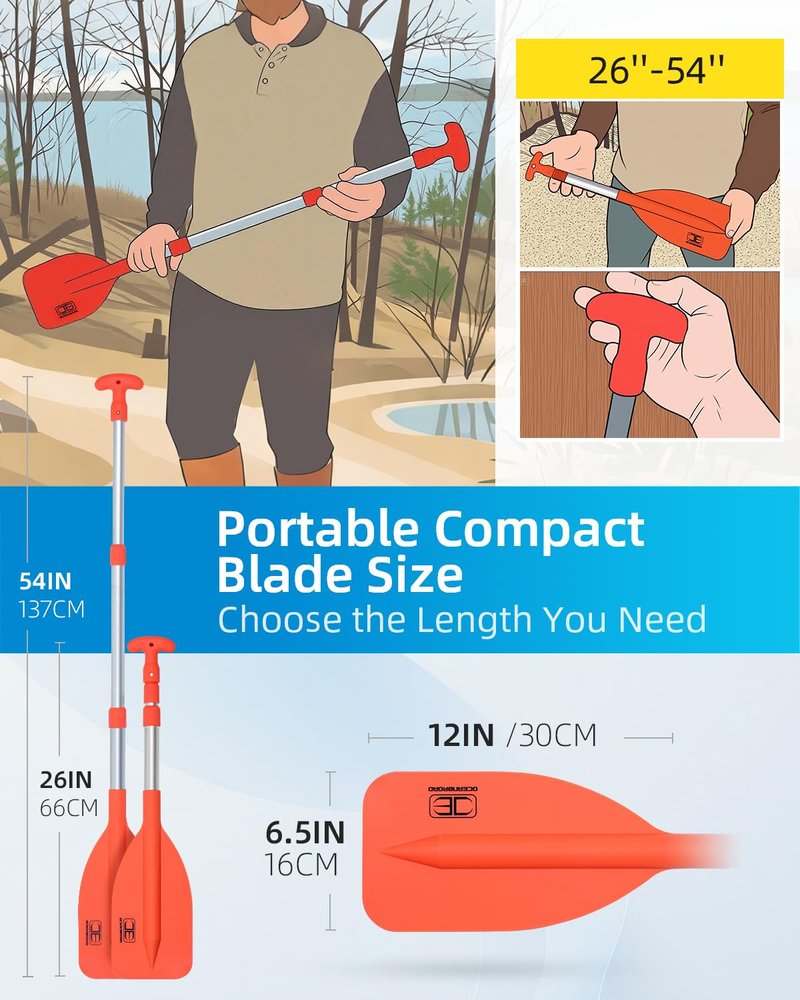 OCEANBROAD Telescoping Emergency Paddle 26''-54'' Collapsible Paddles Aluminium Shaft for Kayaking Boating Canoeing River Tubing, Orange, 2 Paddles