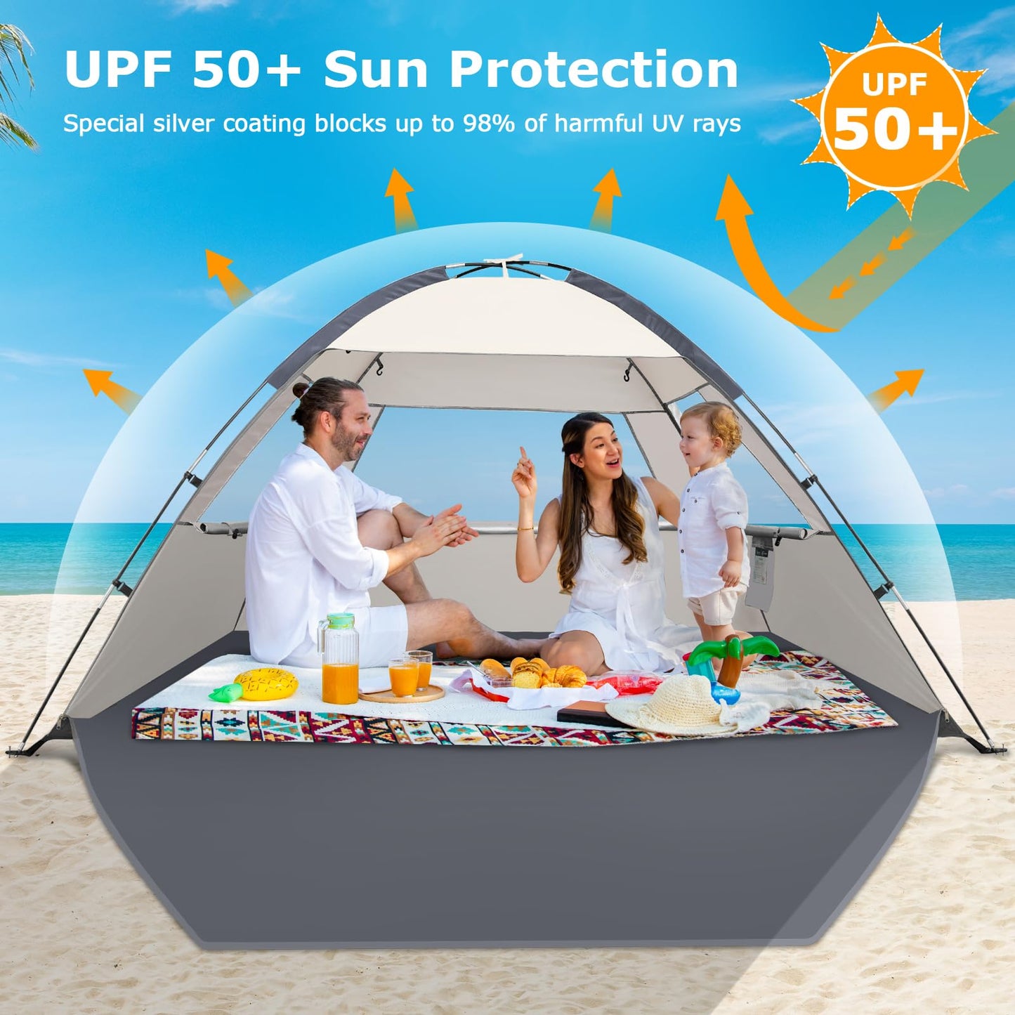 COMMOUDS Beach Tent Sun Shelter for 3/4/6/8 Person, UPF 50+ UV Protection Beach Shade Canopy Tent, Lightweight, Easy Set Up and Carry