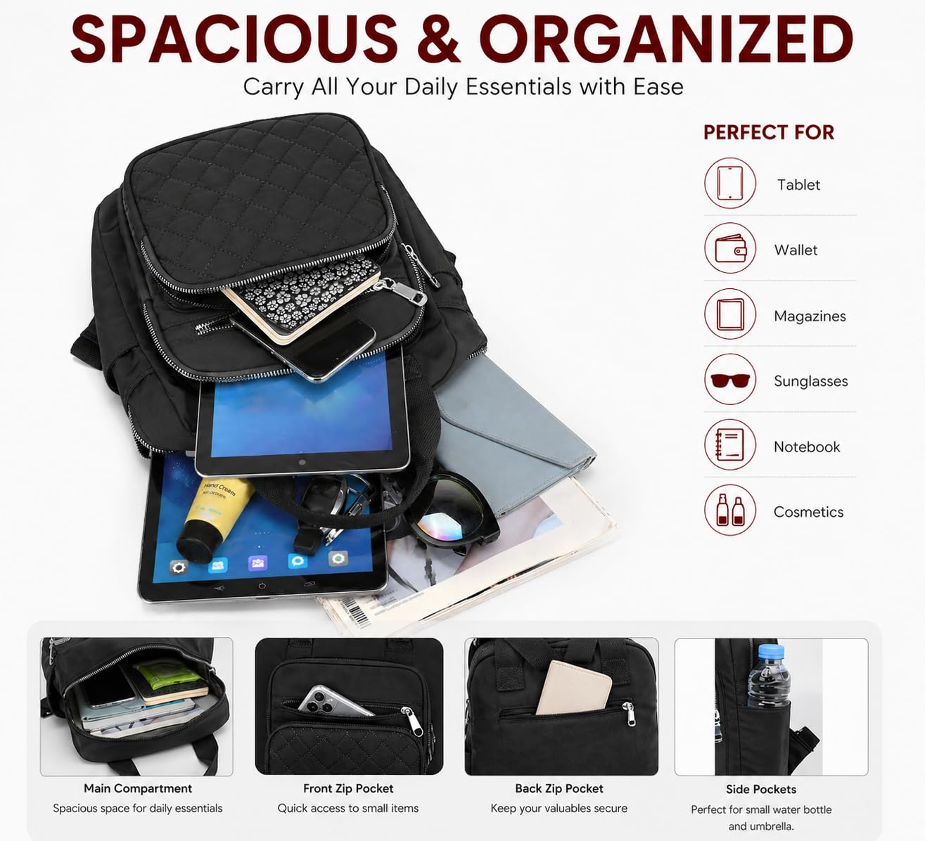 SULCET Small Backpack for Women Casual Quilted Square Bag Waterproof Multi Pockets Daypack Lightweight Top Handle Satchel