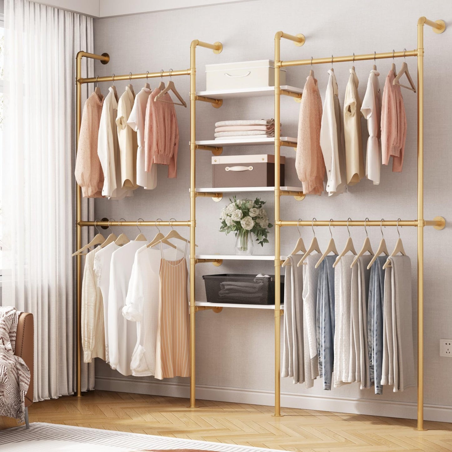 WTPLWD Industrial Pipe Clothing Racks with 5 Shelves, Wall Mounted Gold Clothes Rack for Hanging Clothes, Gold Wall Clothing Rack, Heavy Duty Clothes Rack for Walk in Closet, Laundry Room