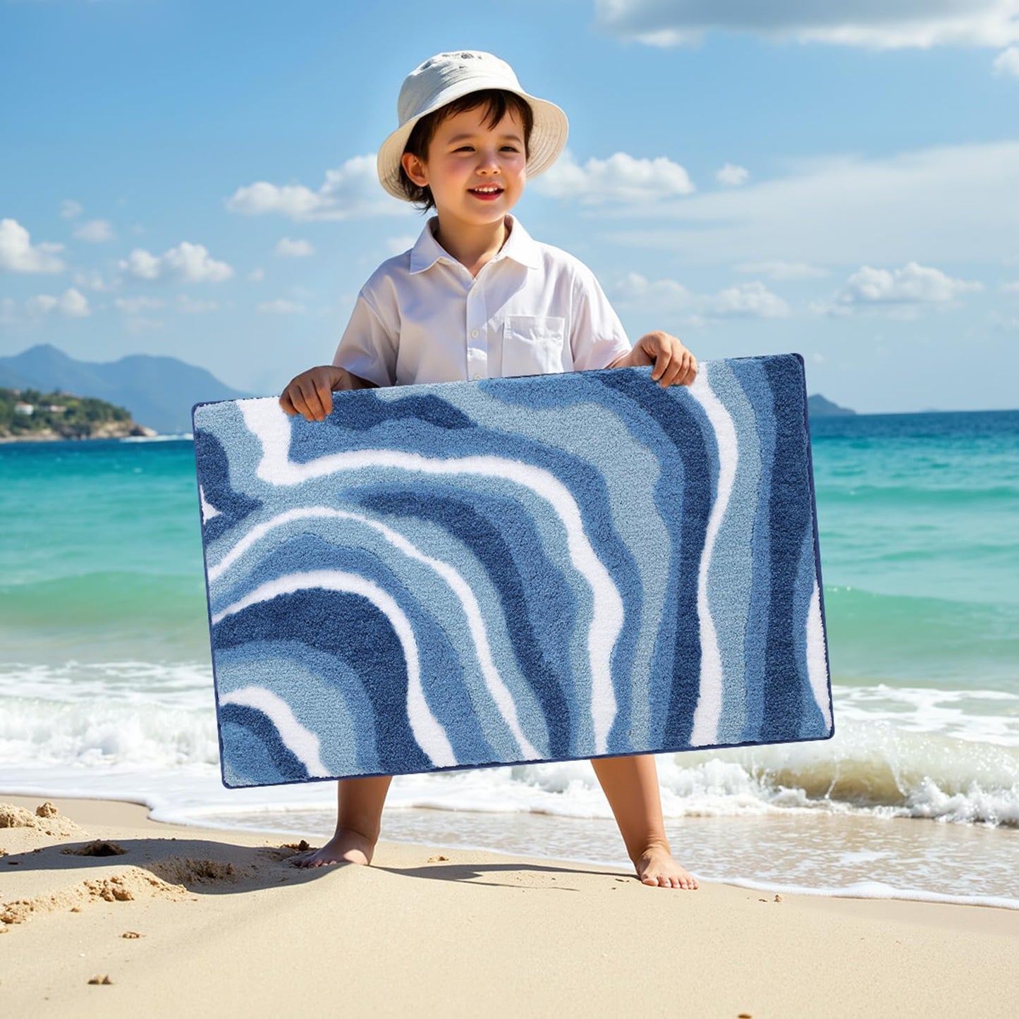 LUMI Absorbent Bathroom Rug Non Slip Rubber Backing, Machine Washable Wave Bath Mat Soft Premium Microfiber, Beach Bath Rugs Quick Dry for Bathtub and Shower Floor, 16"x24"