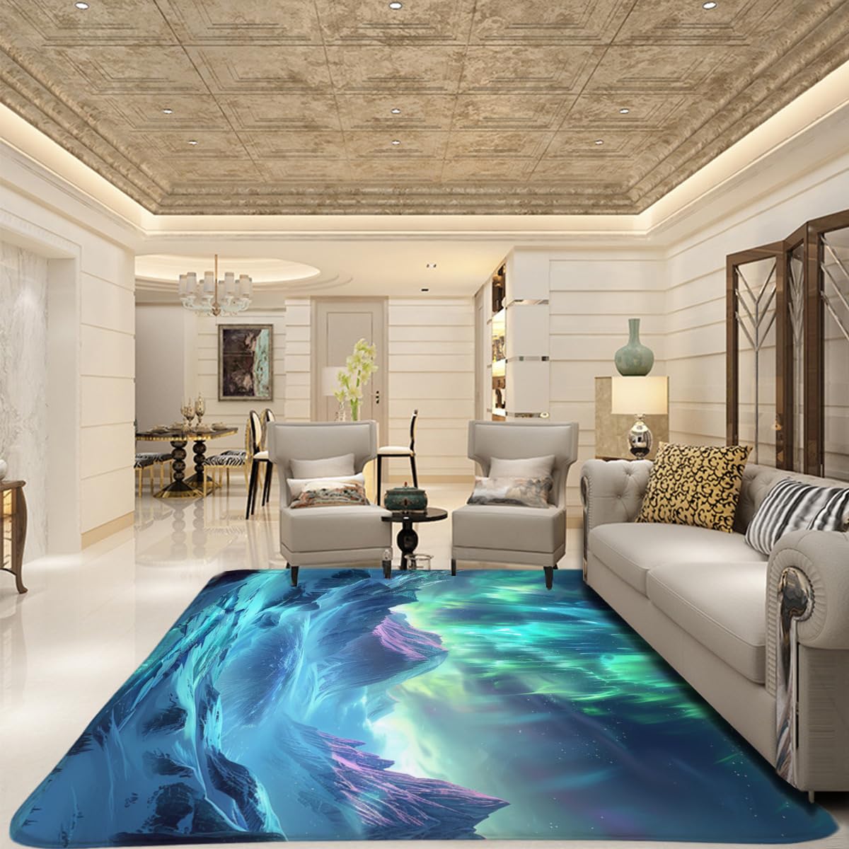 Landscape Carpet Blue Green Purple Gradient Style Aurora Snow Mountain Range Comfortable Atmosphere Floor mat Suitable for Bedroom Home Decoration Great Gift Practical Item 24x36inch