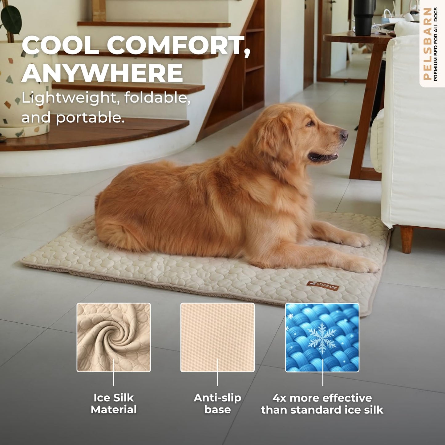 Pelsbarn Dog Cooling Mat- Ice Silk Summer Comfort, Self Cooling, Non-Slip Dog Pad, Durable & Washable, Mat for Extra Large Dogs 33 x 45, Support Shelter Dogs with Every Purchase (Beige)