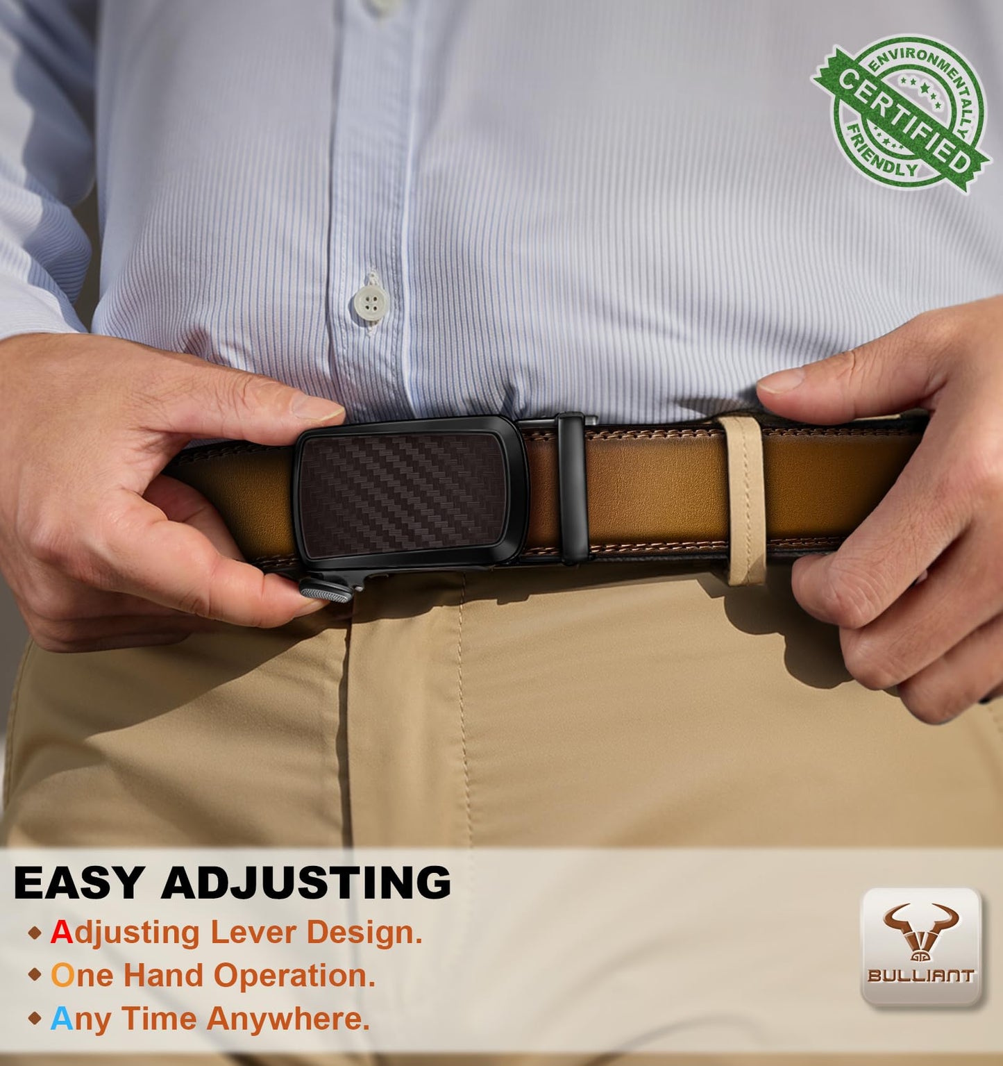 BULLIANT Men's Ratchet Belt 2 Pack-Click Leather Belt Adjustable for Men Gift 1 3/8-Cut for Perfect Fit(Black/Tawny,34"-40" Waist Adjustable)