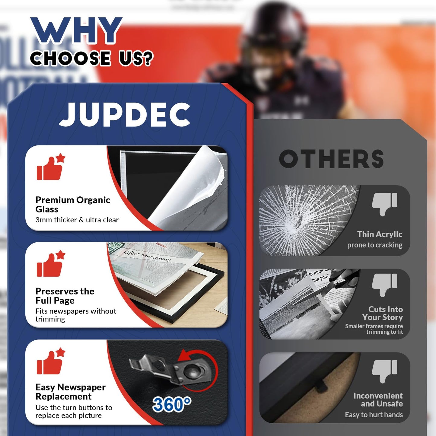 JupDec 11 × 22 Up to 13 × 24 Newspaper Frame, Premium Wood Display Case with Acrylic Panel, Wall Mount or Tabletop Stand, Perfect for Home & Office Decor, Ideal Gift for Collector, 3 Pack, Black
