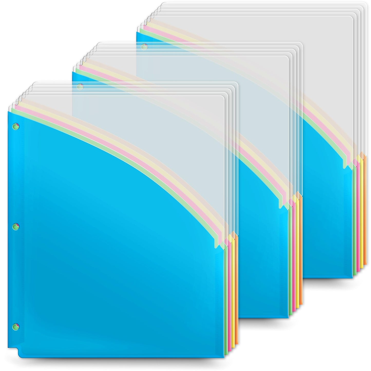Dunwell Plastic Binder Pocket 3 Hole Punched (3 Sets, 15 Count) Slash File Jackets for 8.5x11 Paper, Project Sleeves for 3 Ring Binder, No Tab, 5 Color Dividers with Front & Back Pockets