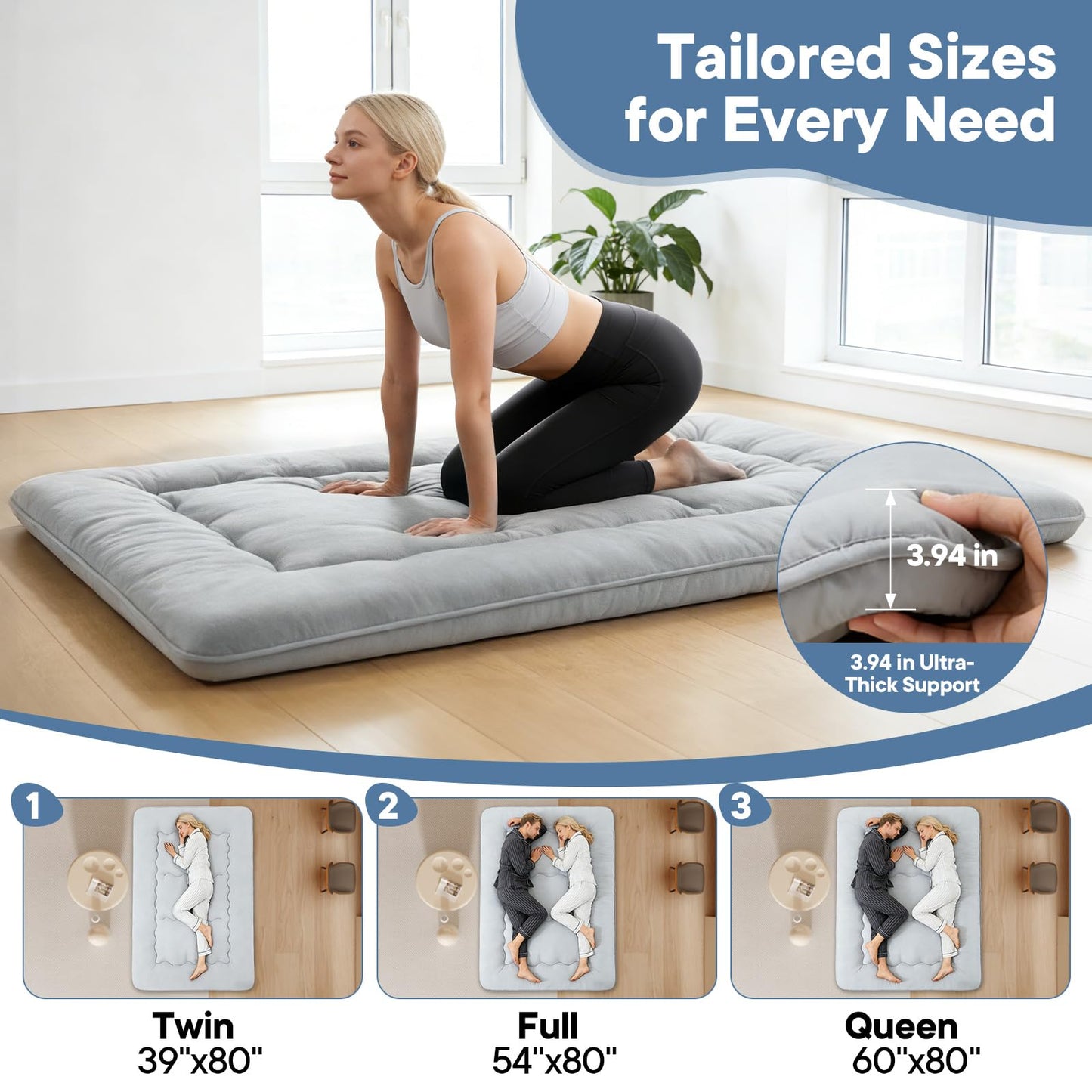 DUMOS Japanese Floor Mattress Queen Size, Futon Mattress Foldable with Removable Washable Cover, Portable Roll Up Tatami Mat for Small Bedroom, Couples, Family Movie Night and Home Use, Gray