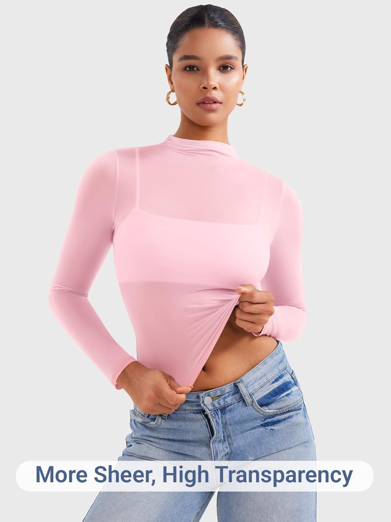 YEOREO Womens Sheer Tops Long Sleeve See Through Tops Mock Neck Slim Fit Workout Shirt Jamy Going Out Sexy Shirts Cherry Blossom M