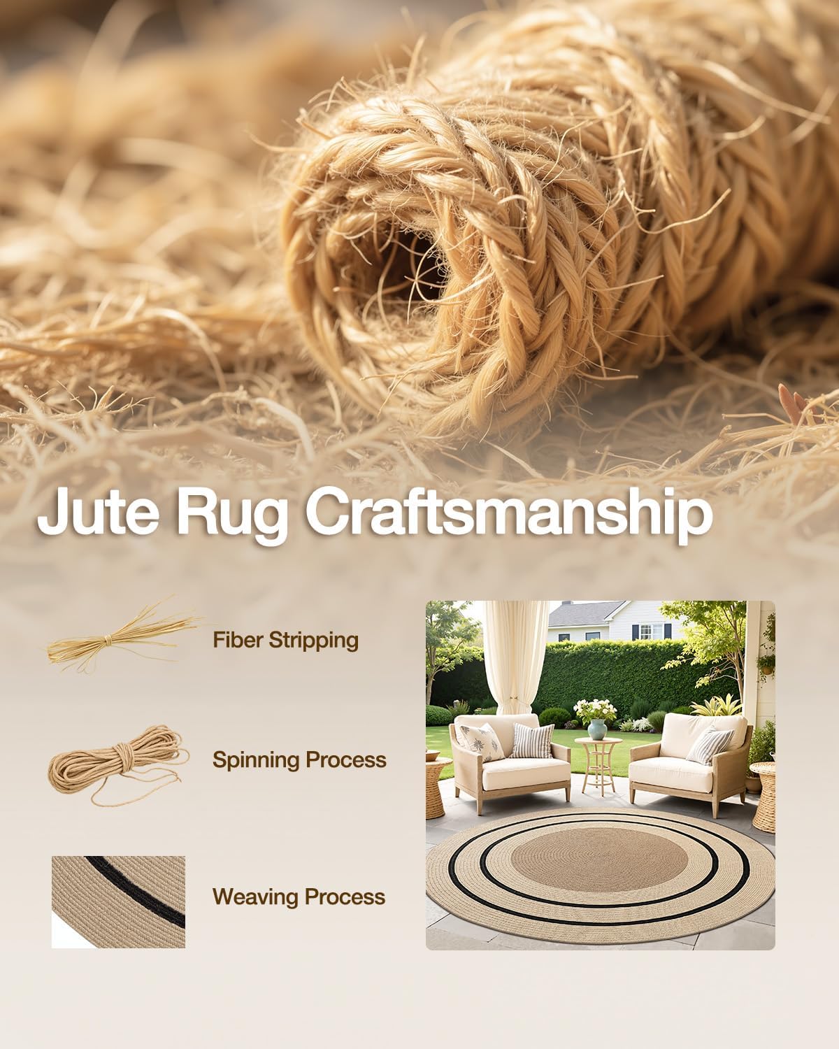 LUMI Jute Area Rug 8ft Round for Living Room, Natural Braided Woven Rugs Non Slip, Neutral Farmhouse Carpets No Shedding, Durable for High Traffic, Dining Room, Indoor, Outdoor, Patio
